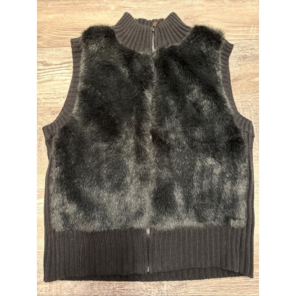 Derek Heart Black Faux Fur Sweater Vest Zip Front Grunge Sz Small